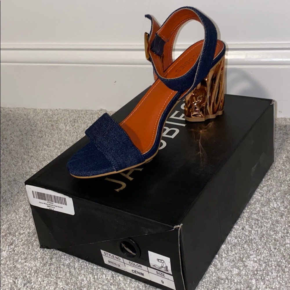 Denim heels with unique metallic orange heel